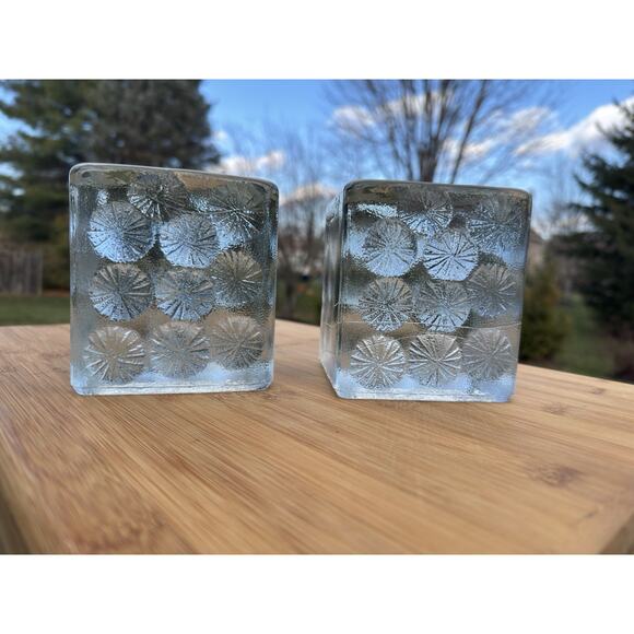 Vintage Blenko Ice Block Art Glass Cubes Bookends Paperweights MCM Pair